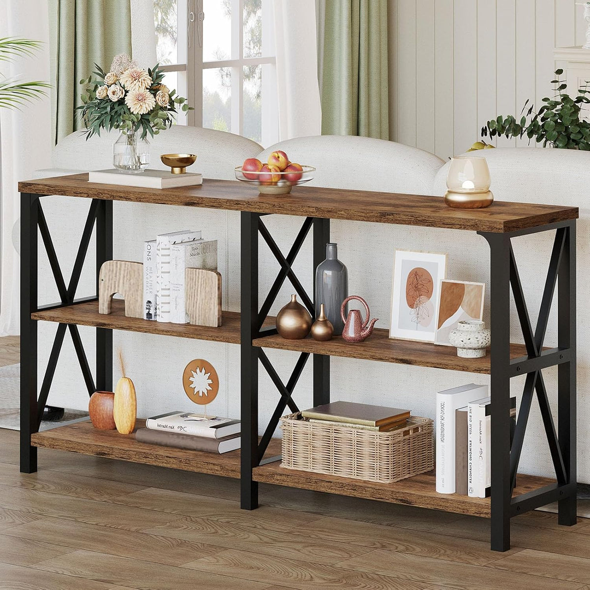 LVB Wood Console Table, Rustic 3 Tier Sofa Table Behind Couch, Industrial Metal Entryway Table with Storage Shelf, Farmhouse Wooden Foyer Hallway Table for Entry Living Room, Rustic Brown, 55 Inch