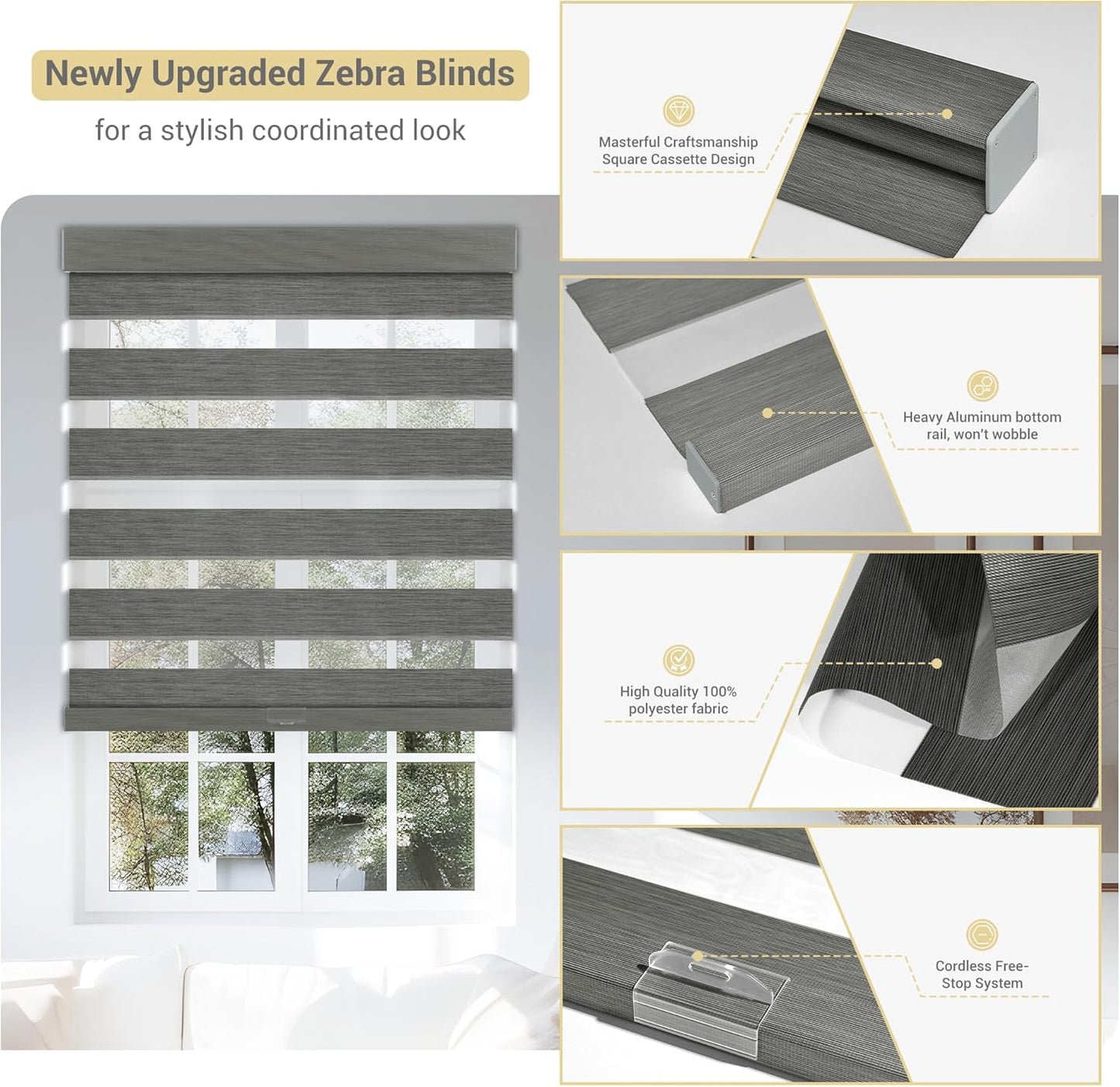Cordless Zebra Blinds for Windows, Blackout Interior Blinds,Easy to Install,UV Protection,for Offices and Home,Custom Roller Shades, Mousse Grey,36" W x 88" H