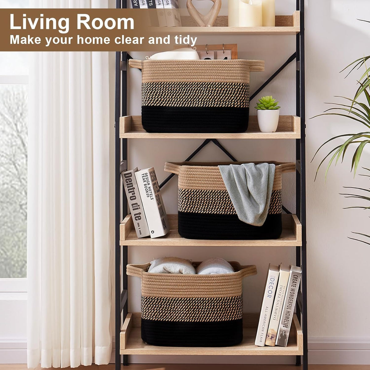 Storage Basket for Organizing, Woven Baskets for Storage, Rectangle Decorative Baskets for Shleves, Closet, Toys, Books, Nursery Organizer Bins - Pack of 3 (Black & Brown)