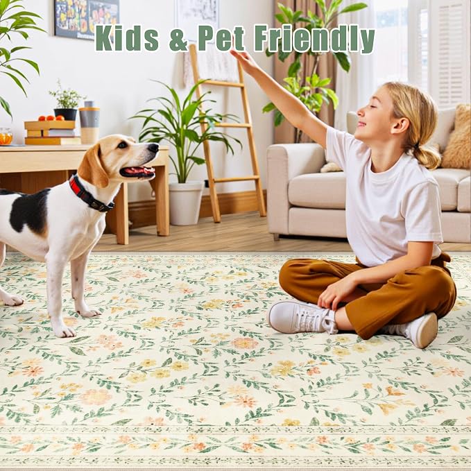PLHXFR 3x10 Washable Runner Rug：Floral Indoor Kitchen Carpet Beige Multi | - Image 6