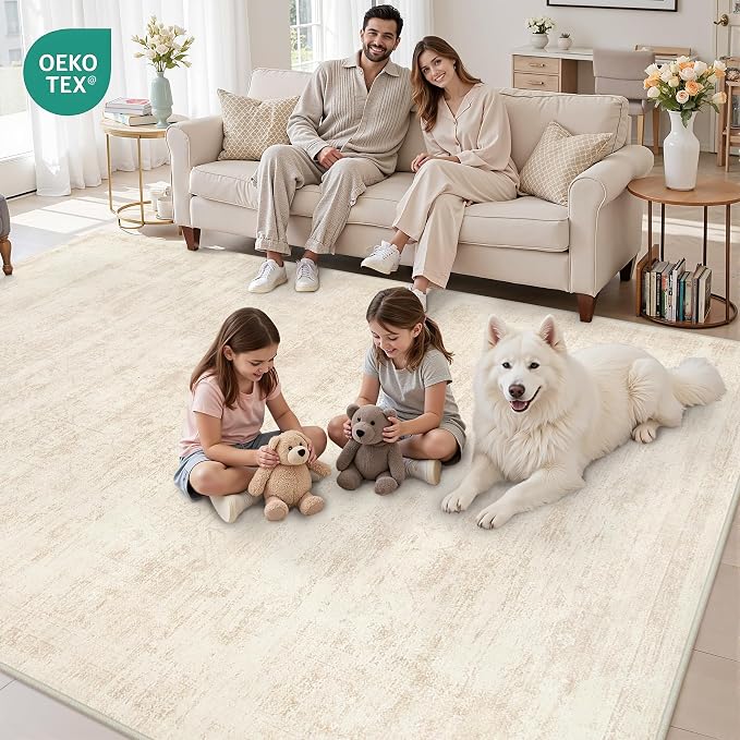 Area Rugs 9x12 Living Room: Bedroom Washable Carpet Retro Beige | Large Vintage - Image 7