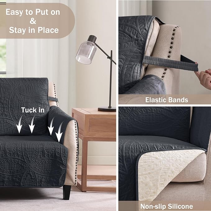 Black Recliner TV Chair Covers, Quilted Décor Water-Repellent Medium Lazy Boy - Image 4