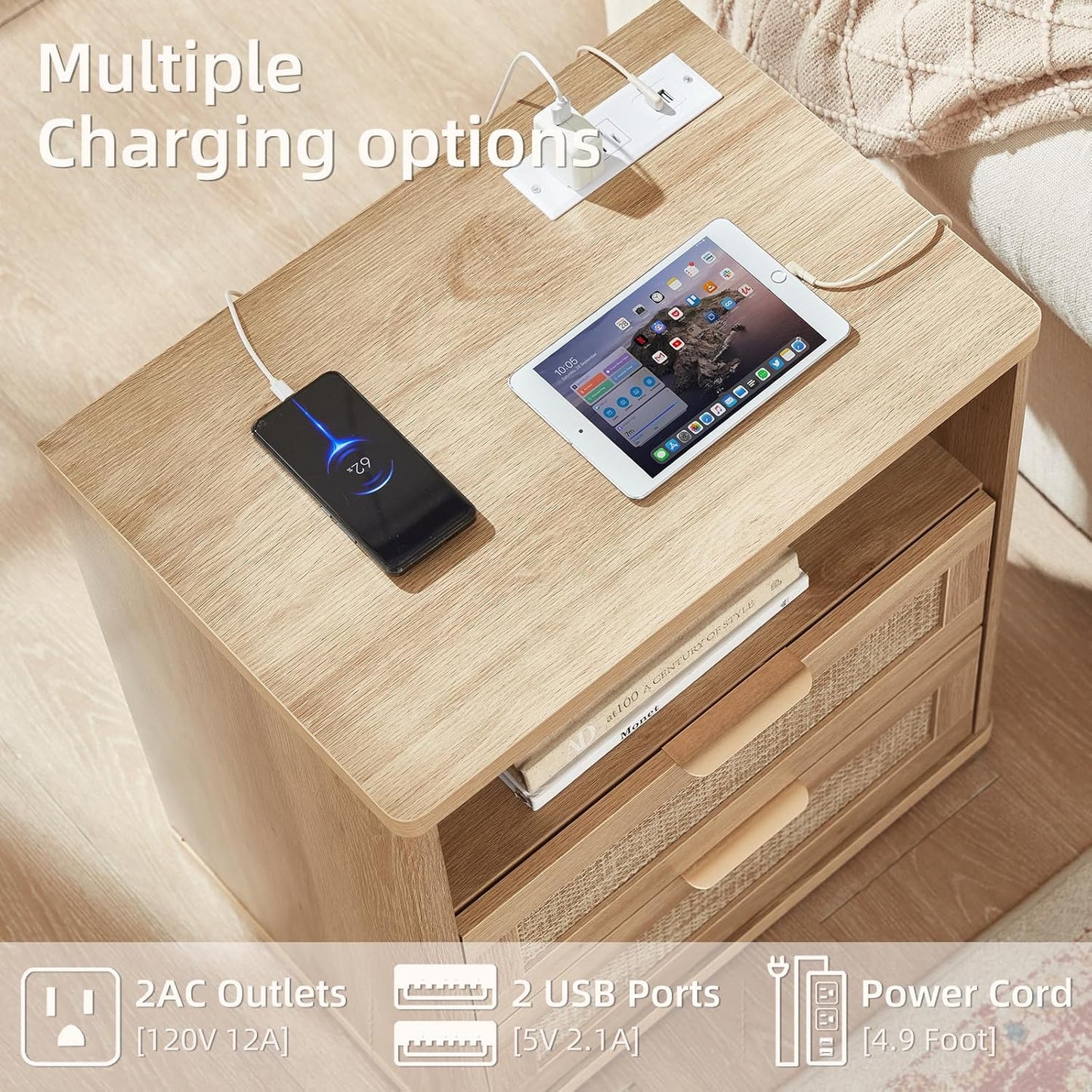 LEYAOYAO Boho Rattan Coffee Table and End Table Sets, 48" Wide Center Tables & 23" Night Stand with Charging Station Chest of Drawers, Natural Wood Coffee Table for Living Room 3 Piece Set
