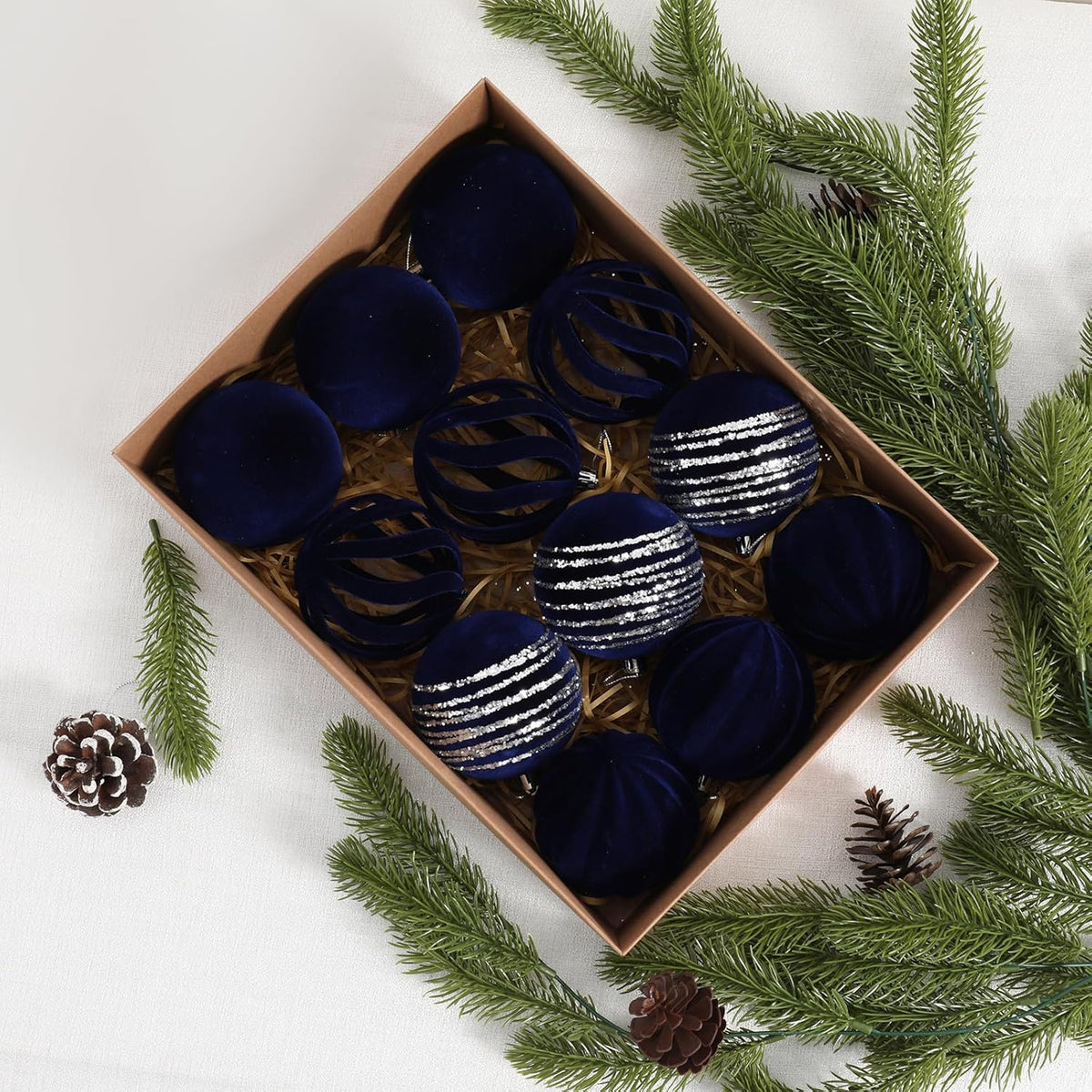 Christmas Ornaments Set of 12, 3.15" Flocked Velvet Balls with Hand Painted Designs, Navy Blue Elegant Christmas Tree Decorations in Gift Box