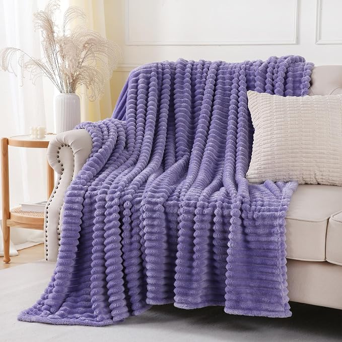 Lavender Throw Blanket for Couch Sofa 90x90 inches Striped Design | Fleece - Image 4