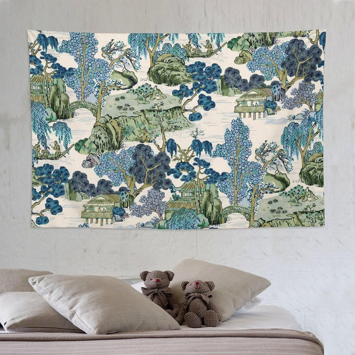 Chinoiserie Tapestry, Asian Watercolor Abstract Art, Japanese Wall Tapestry, Nature Landscape Tapestries for Bedroom, Living Room Decor 90"x60"