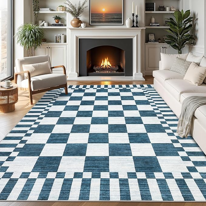 GarveeHome Blue and White Checkered Rug 5x7 Area Rugs Washable 5x7 Rug | by GarveeHome