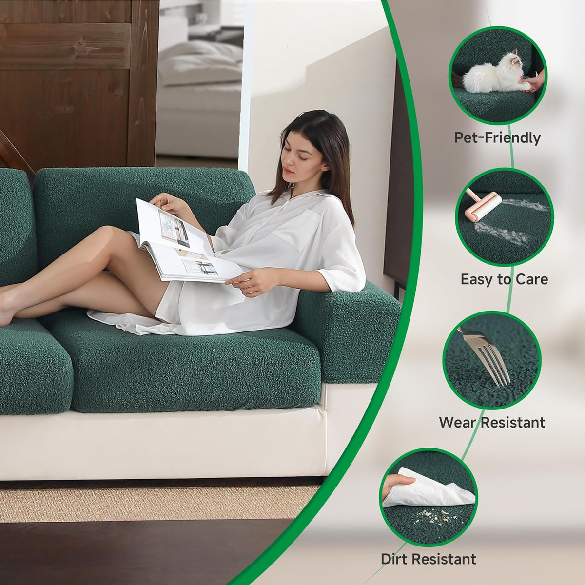 Couch Cushion Covers for Sectional Sofa, Stretch Soft Sofa Slipcovers Washable Wear-Resistant Universal Furniture Protector for Living Room(1 Piece Back Couch Cover, Green)
