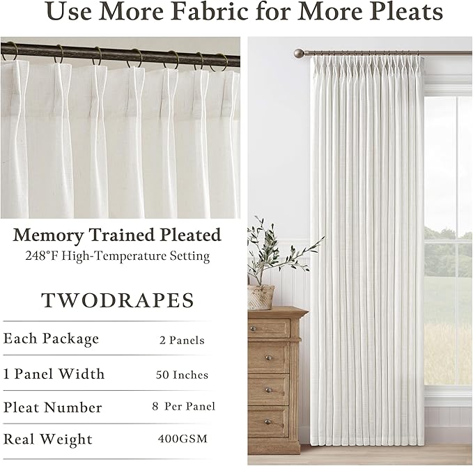 92 Inch Pinch Pleated Beige White Semi Sheer Linen Blend Curtains | Farmhouse - Image 4
