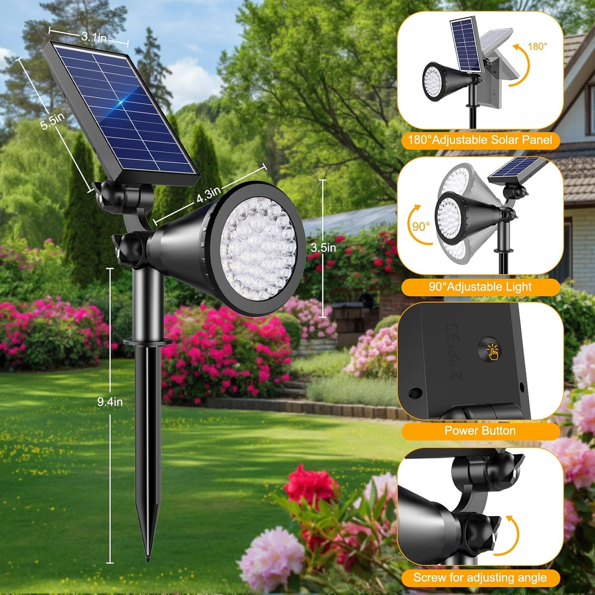 Solar Spot Lights Outdoor, 36 LEDs Solar Landscape Lighting with 2200mAh, Outdoor Lights Auto On/Off 2-in-1 Wall or Ground Solar Powered for Yard Garden- 2 Pack (Warm White)