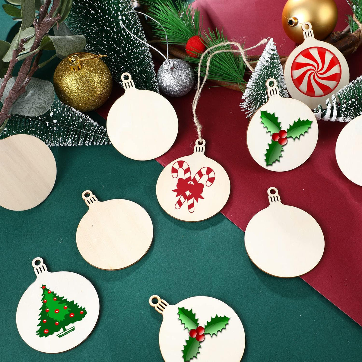 Blulu 100 Pieces Christmas Wooden Ornaments Star Round Wood Slices Wood Snowflake Angel Shape Christmas Tree Hanging Embellishments with 100 Pieces Cords (Style 3)