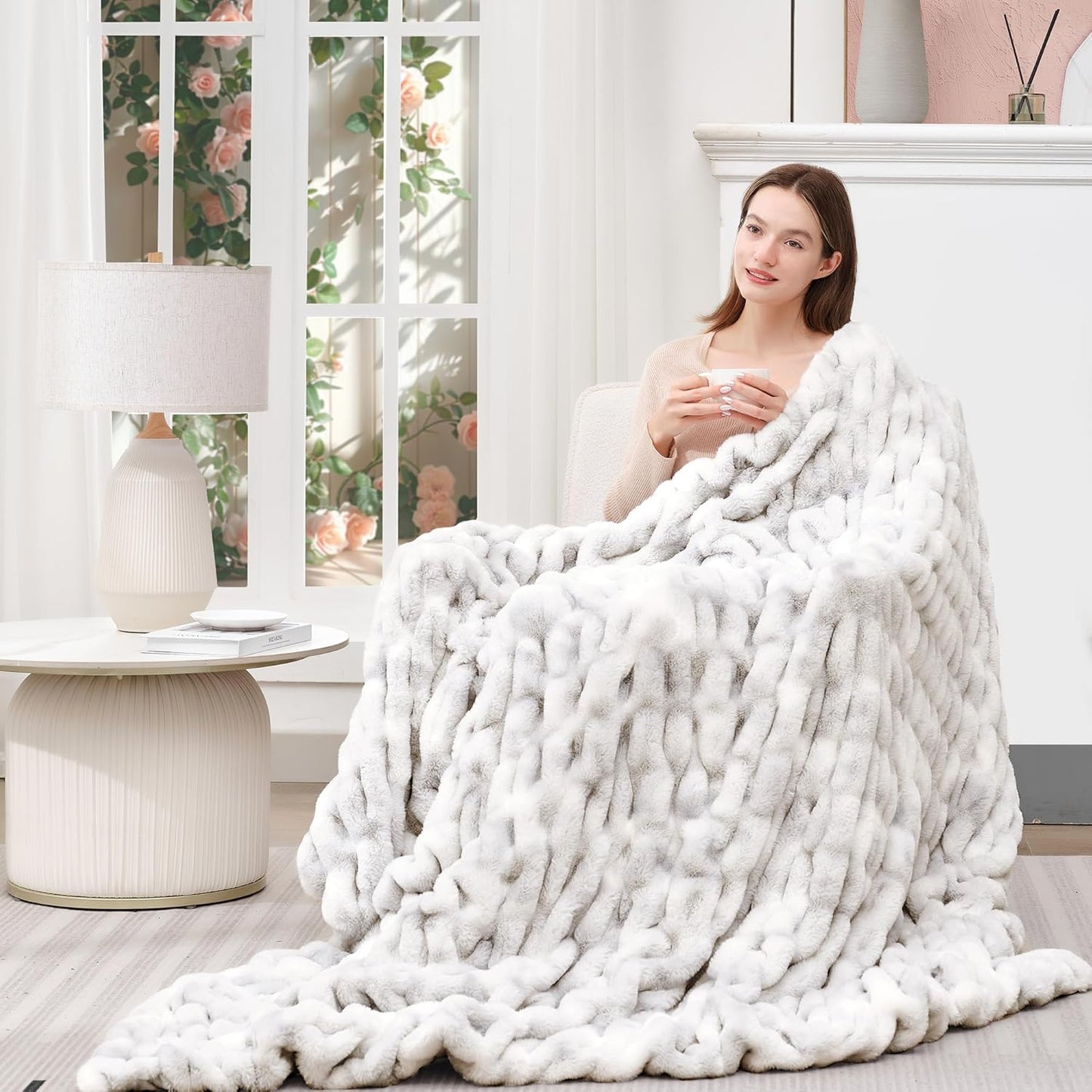 Touchat Ruched Faux Rabbit Fur Throw Blanket, 700 GSM Luxury Dual-Sided Soft Cozy Blanket, Fuzzy Fluffy Plush Blanket for Bed, Couch and Sofa - 50"x60", Tie-dye Gray