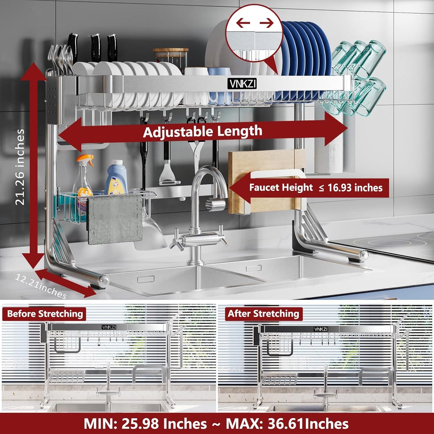 VNKZI Over Sink Dish Drying Rack, 2 Tier Full Stainless Steel Storage Adjustable Length (25.98'' to 36.61'') Kitchen Rack, Multifunctional Expandable Counter Organizer, Space Saver Dish Rack