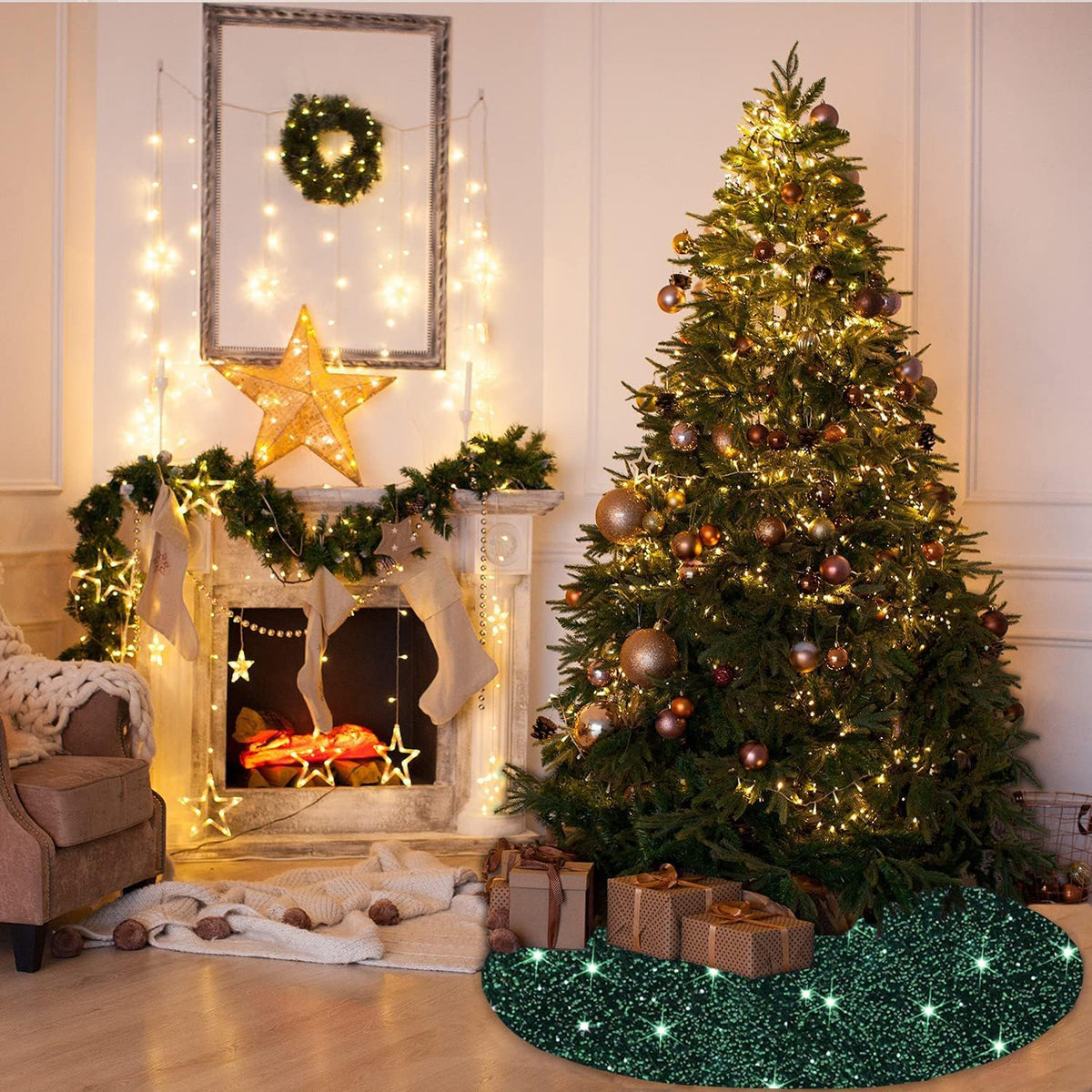 MODFUNS Sequin Christmas Tree Skirt 21 Inches Green and Black Rustic Velvet Tree Skirt for Table Top Trees Artificial Metallic Tree Mats Mini Xmas Tree Skirts Cover for Christmas Festive Decorations