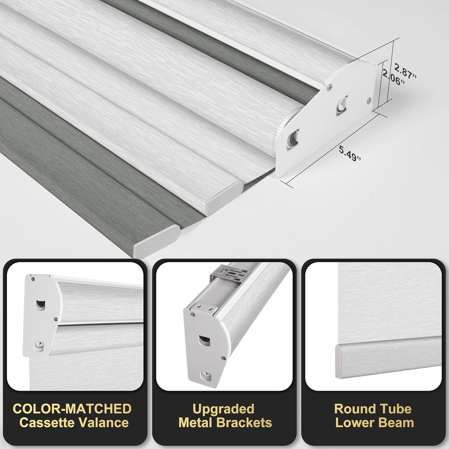 BERISSA Dual Roller Shades with Cassette Valance, Double Window Shades, Blackout and Light Filtering, Day and Night for Home Office Door. Grey and White. 76 W x 36" H