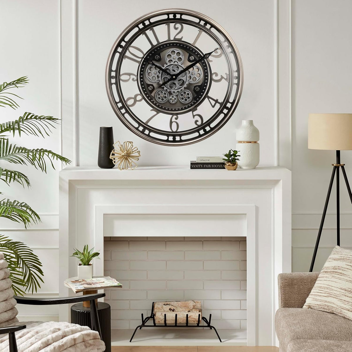 CLXEAST 21 Inch Large Moving Gear Wall Clock,Industrial Steampunk Decor,Decorative Wall Clock for Modern Farmhouse Living Room Decor,Gunmetal Silver Finish