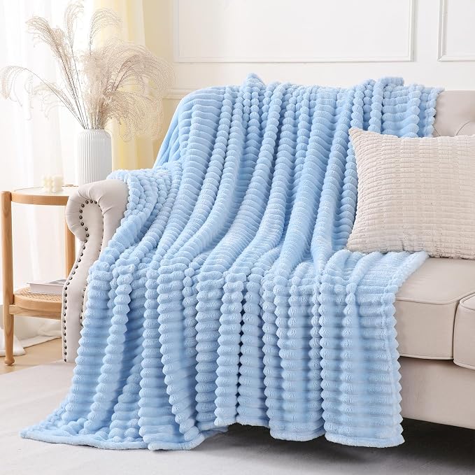 Light Blue Throw Blanket for Couch Sofa 108x90 inches Striped Design | Fleece - Image 4