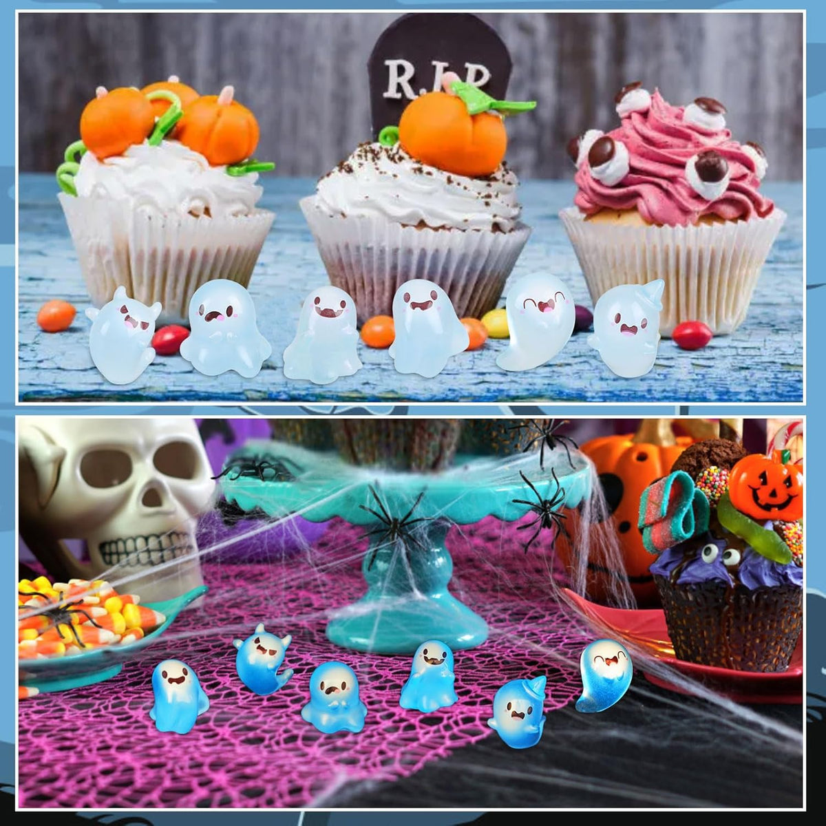 KIMOBER 24PCS Mini Luminous Ghost Miniature Figurines,Assorted Spooky Glow in Dark Resin Ghost Tiny Elf Figures for Fairy Garden Micro Landscape Decor Cake Topper Halloween(Assorted Ghost)
