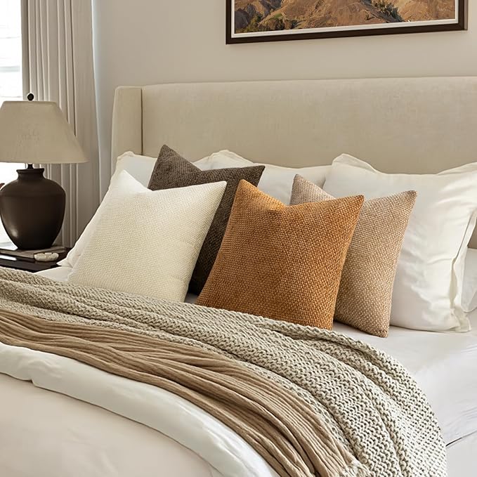 MIULEE Soft Decorative Chenille Fall Pillow Covers Brown 18x18 Pack of 4 | - Image 4