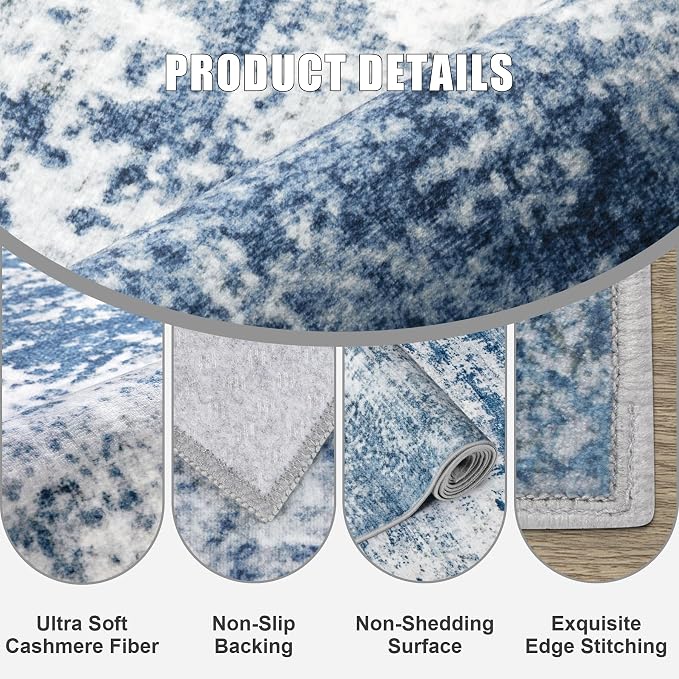 2.6x14 Washable Runner Rug:Modern Abstract Indoor Soft Carpet Blue | - Image 6