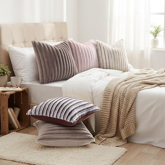decorUhome Fall Faux Fur Throw Pillow Covers 20x20 Set of 2 Light Coffee | - Image 4
