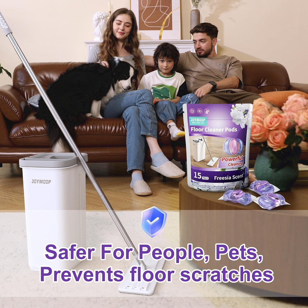 JOYMOOP Mop and Bucket with Wringer Set and Floor Cleaner Pods, Flat Floor Mop with 3 Reusable Microfiber Pads, Wet and Dry Use, Freesia Scent Pack of 15 Pacs for Floor Cleaning