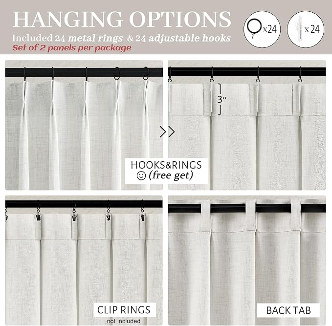 Pinch Pleated Beige White Light Filtering 60 Inch Wide Curtains 96 Inches Long - Image 6