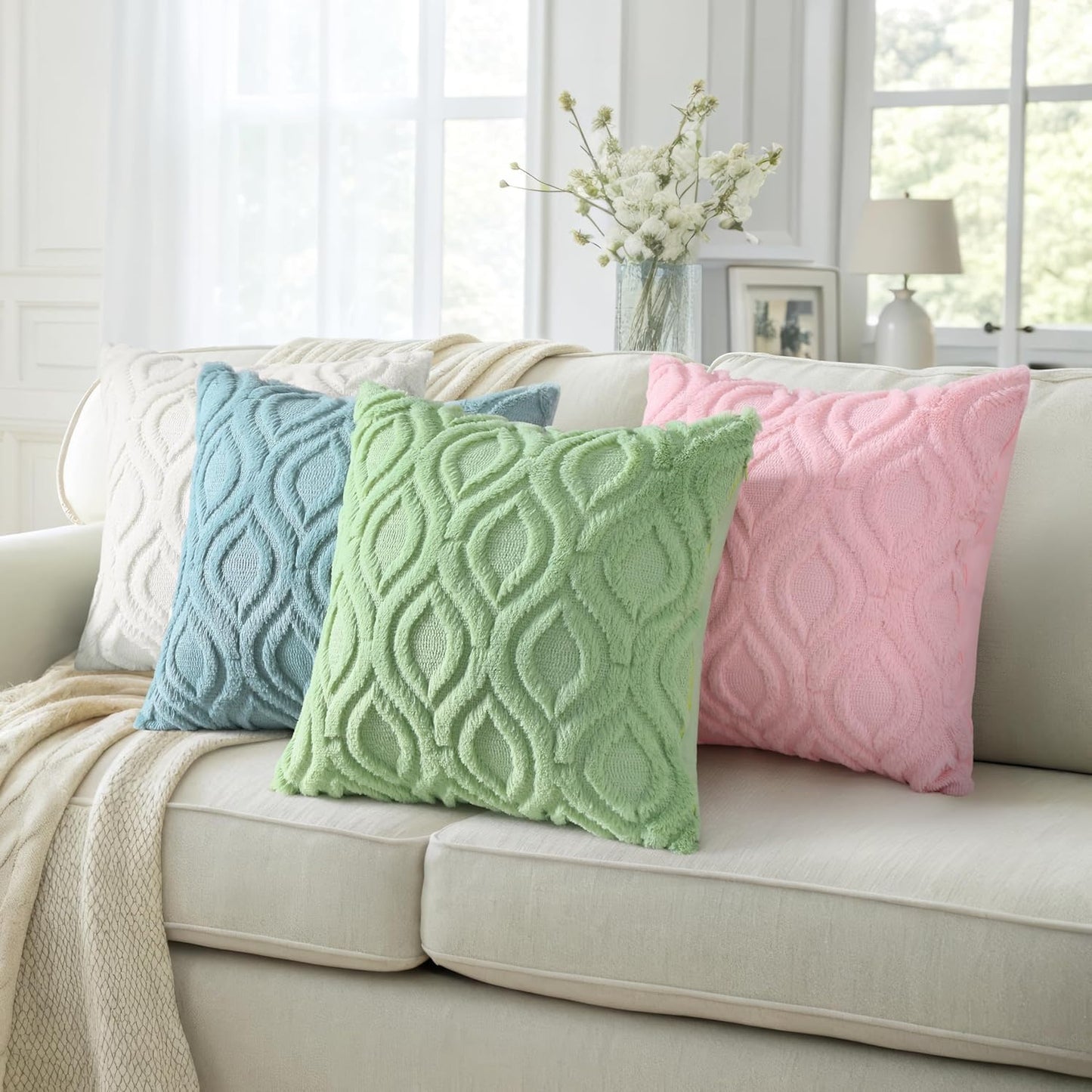 decorUhome Throw Pillow Covers 18x18 Inch Set of 2, Soft Plush Decorative Faux Fur Sage Green Solid Couch Pillow Covers, Accent Farmhouse Neutral Square Euro Pillow Cases for Sofa Bed Living Room