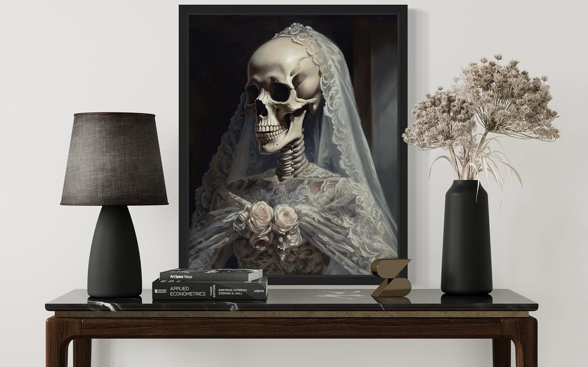 Skull Gown Poster Art Print, Halloween Scary Vintage Wall Art Academia Spooky Painting Decoration for Horror Prints, Gothic Posters Bedroom Decor 89 (Skull Gown, 11 x 14 inches, Black Frame)
