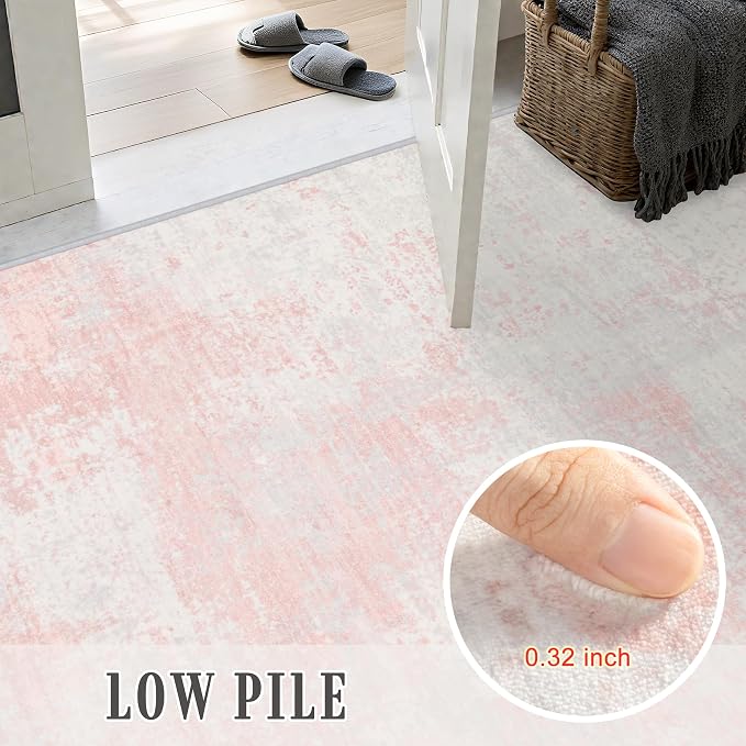 2x5 Washable Runner Rug：Modern Abstract Soft Carpet Pink White | - Image 7