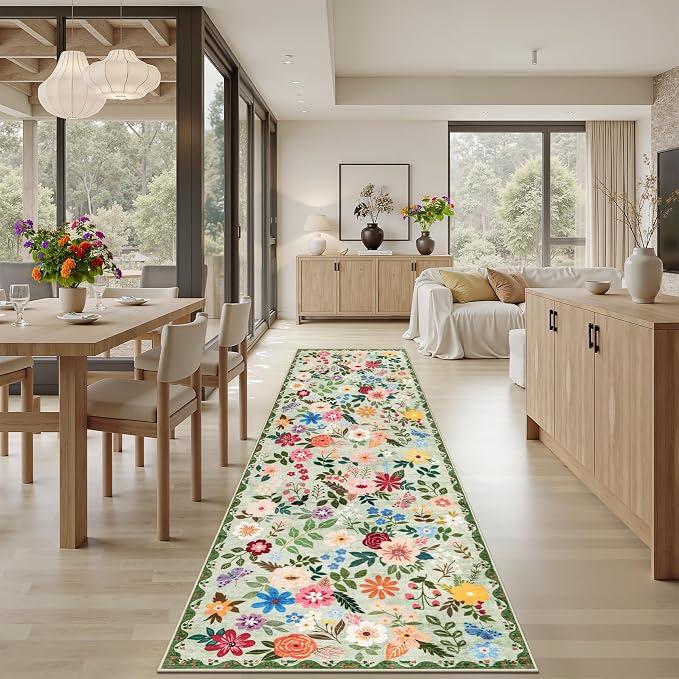 PLHXFR 2.6x10 Washable Runner Rug：Floral Indoor Kitchen Soft Carpet Green | - Image 4
