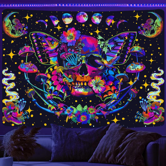 Xiaoput Blacklight Skull Tapestry for Bedroom & Living Room, UV Reactive Mushroom Butterfly & Moth Moon Flowers Tapestry, Hippie Skeleton Wall Hanging 70x60IN