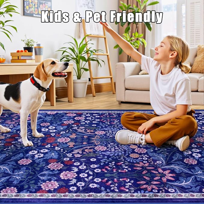 PLHXFR Area Rug Living Room: 5x7 Floral Washable Boho Soft Carpet Blue | - Image 8