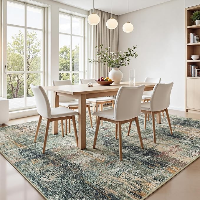 9x12 Area Rug for Living Room, Abstract Washable Large Rugs, Coffee/Green | - Image 3