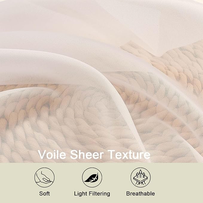 Cream Sheer Curtains for Bedroom Living Room 96 Inches Long 2 Panels, Modern - Image 3