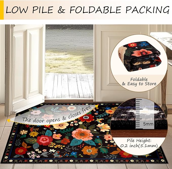 RELEANY Floral Washable 4x6 Area Rugs Black | Flower Carpet Print Boho Cute Non - Image 5