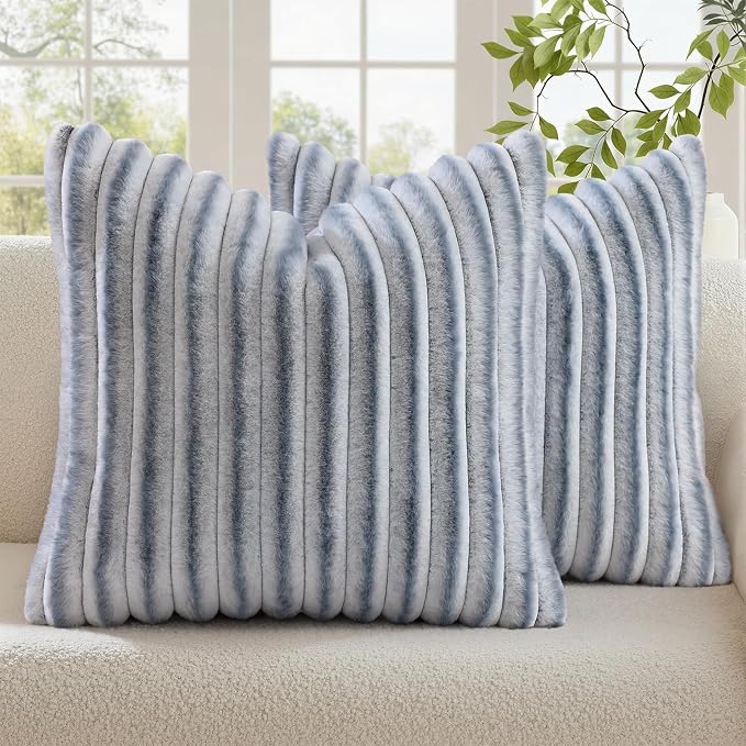 decorUhome Fall Faux Fur Throw Pillow Covers 24x24 Set of 2 Grey White | by decorUhome
