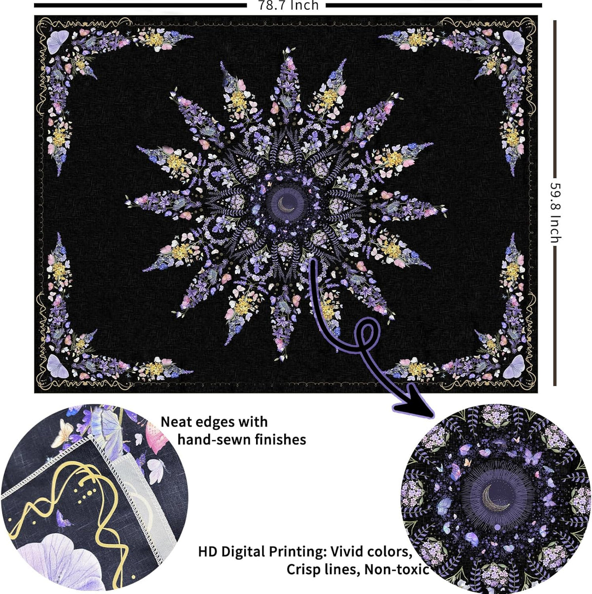 Damanse Floral Tapestry Wall Hanging Cute,Boho Wall Tapestry for Bedroom Aesthetic,Mandala Living Room Decor for Teen Girls (Purple, 59.80" x 78.70")