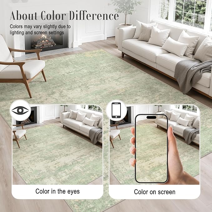 5x7 Area Rug Living Room: Modern Washable Soft Carpet Green Cream | - Image 4