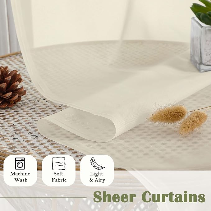 Cream Sheer Curtains 120 Inches Long 2 Pcs, Rod Pockets Voile Living Room - Image 8