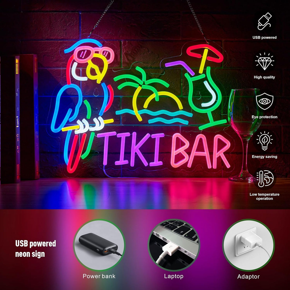 Tiki Bar Parrot Palm Tree Neon Sign for Wall Decor Hawaii Beach Bar LED Light up Signs with Dimmer for Pub Party Man Cave Room Art Decor Gift