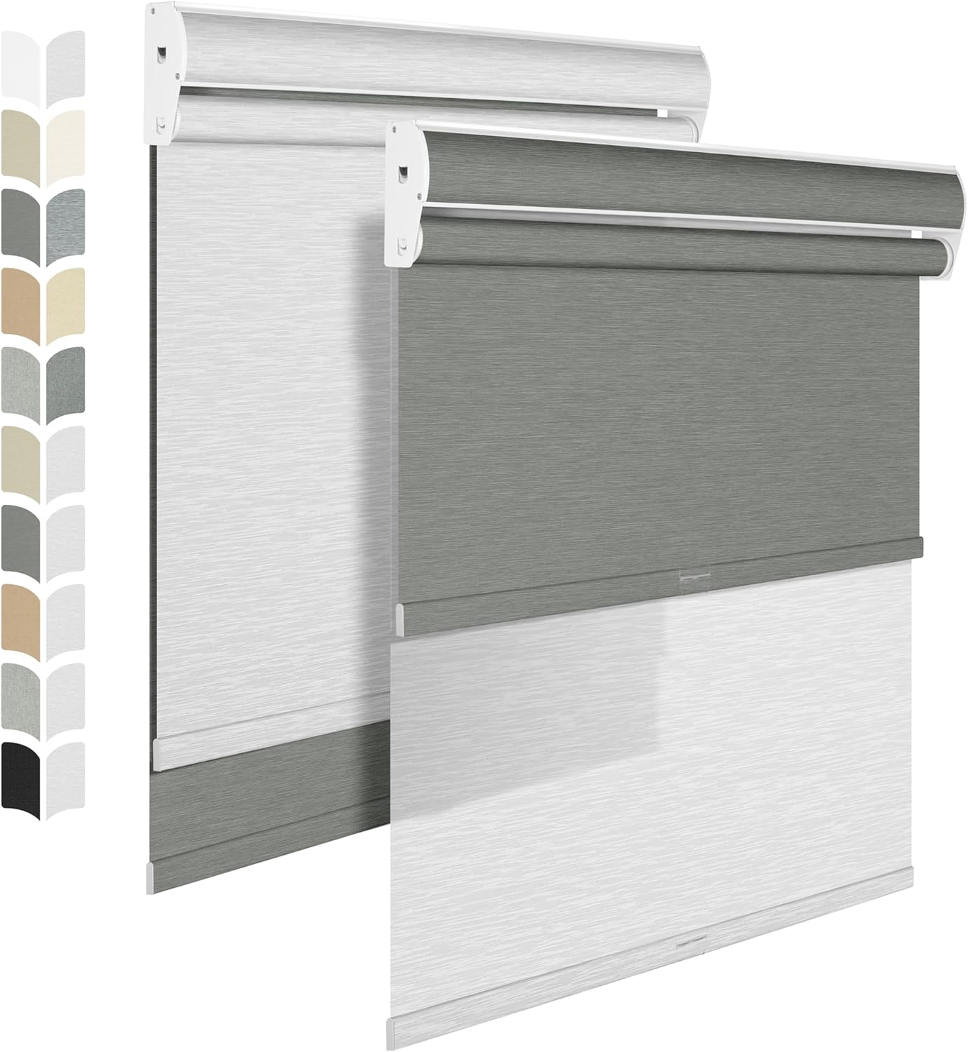 BERISSA Cordless Dual Roller Shades with Cassette Valance, Double Window Shades - Blackout and Light Filtering - Day and Night - Grey and White. 50 W x 56" H