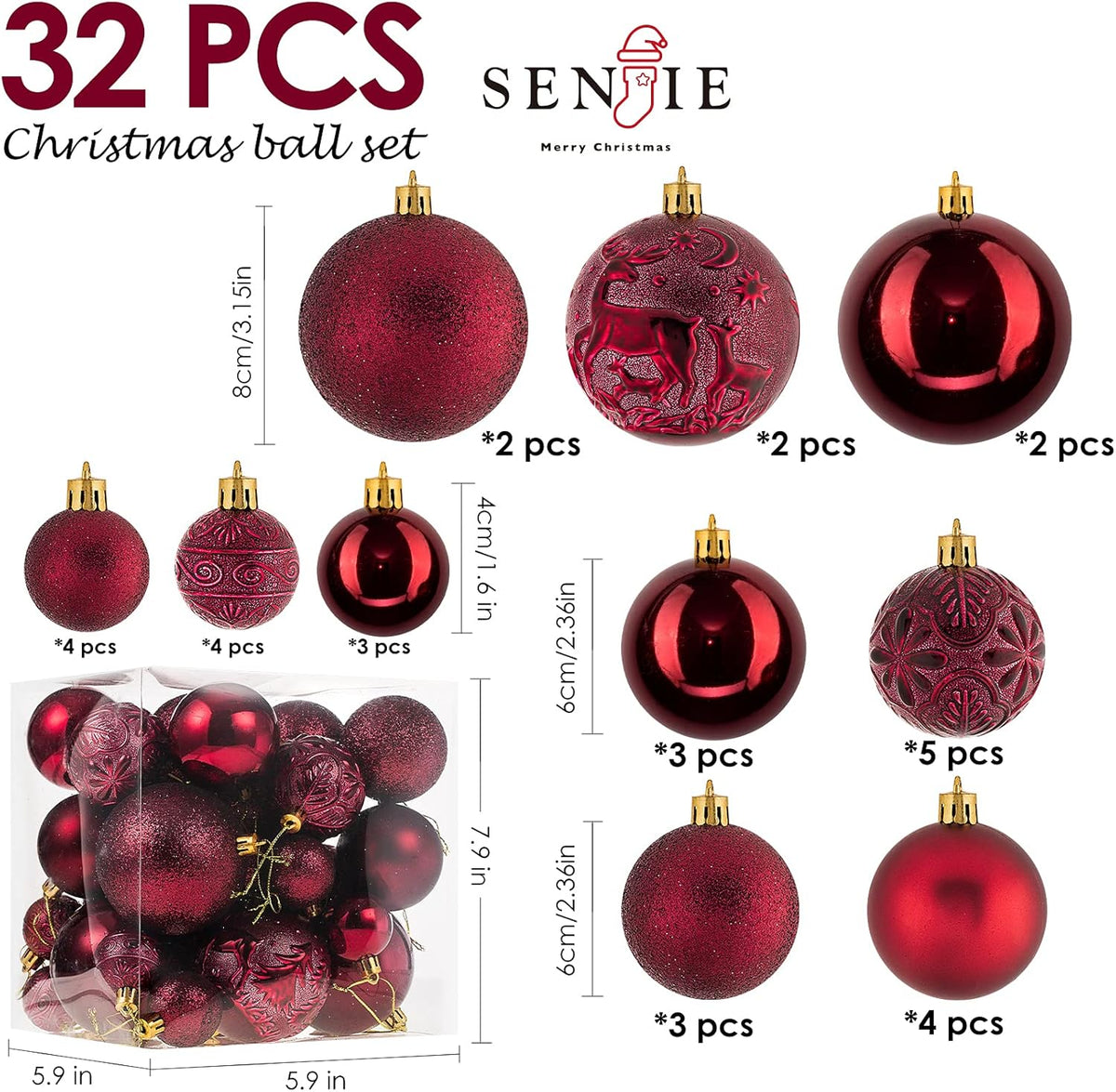 Christmas Ornaments for Xmas Trees,Burgundy Shatterproof Christmas Ball Ornaments