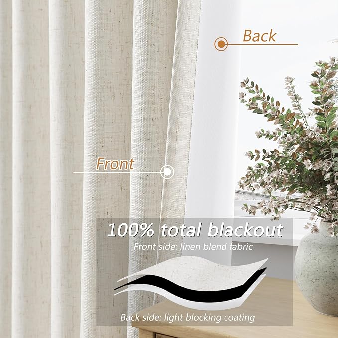 Beige White 100% Blackout Linen Curtains 84 Inch Length 2 Panels Set - Image 4