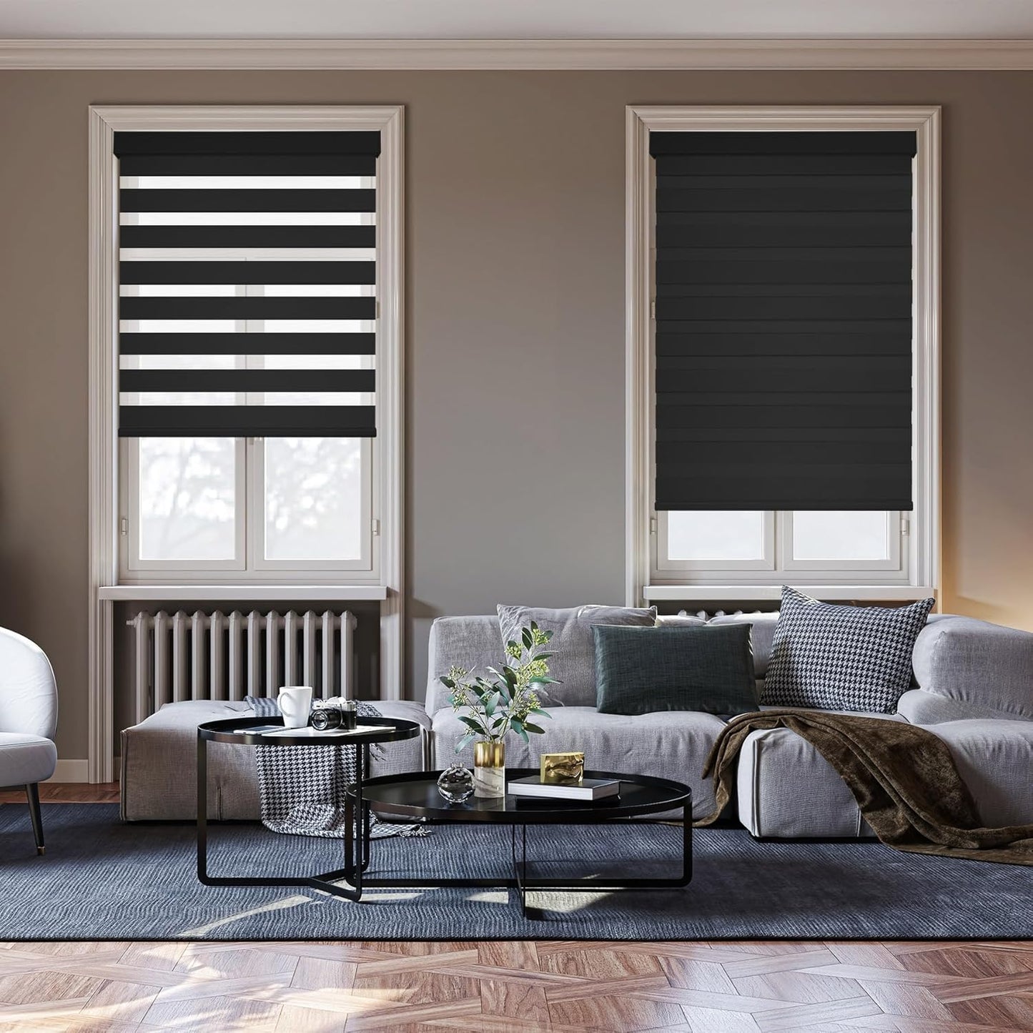 HESTIA Cordless Zebra Blinds Light Filtering Roller Shades UV Blocking Blackout Privacy Indoor Window Shades for Home Office Day and Night, Black,50" W x 48" H