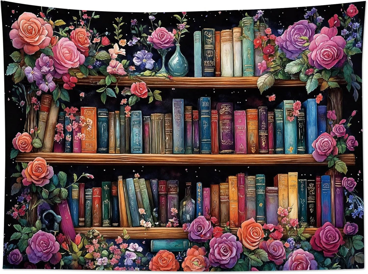 HVEST Bookshelf Wall Tapestry Pink Floral Green Leaf Watercolor Plant Botanical Aesthetic Tapestry Wall Hanging Vintage Library Book Tapestries for Bedroom Living Room Dorm, 70.9L x 92.5W Inches