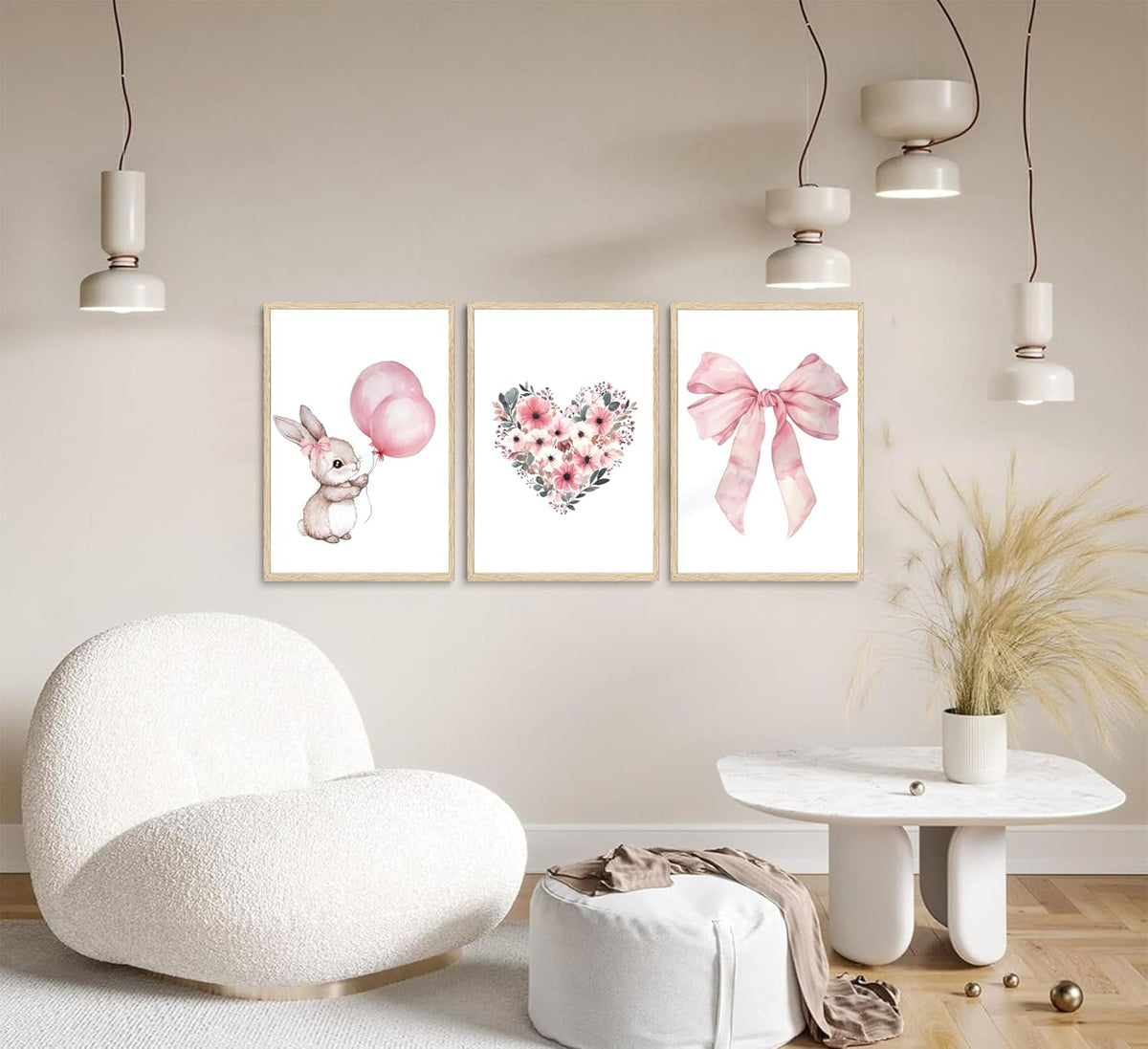 3Pcs Cute Bunny Canvas Wall Art Pink Bow Easter Poster Prints Love Wildflowers Picture Decoration for Nursery Girl Bedroom Children's Room Easter Gifts for Kids Unframed