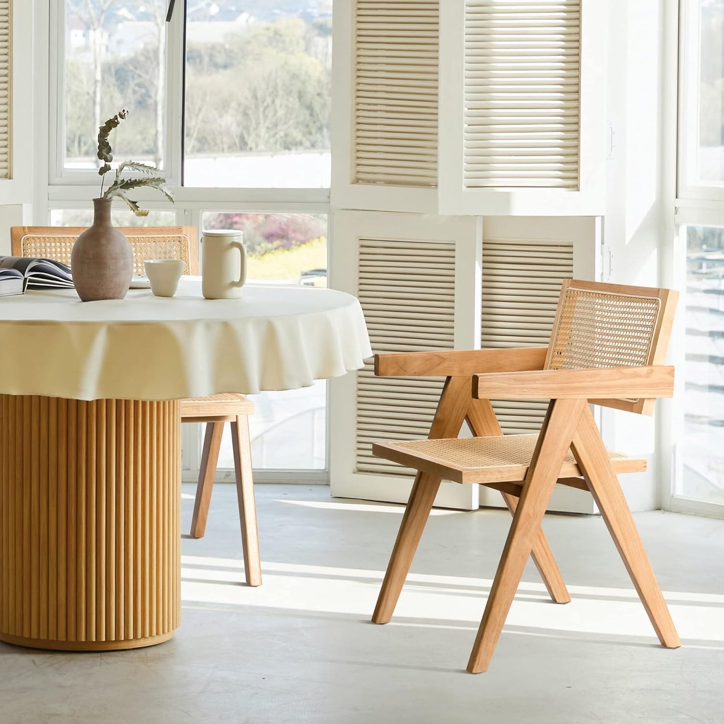 Rattan Dining Chairs Set of 4, Wooden Armchair Cane Kitchen Chairs with Arms, Light Walnut Color