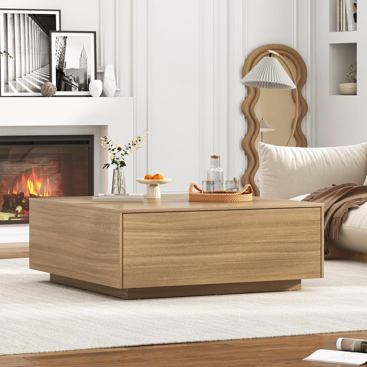 43” Square Coffee Table with Storage, 43" D x 43" W x 17" H Modern Large Square Center Table with 2 Drawers, Wood Coffee Table for Living Room, Light Brown,Bedroom,Light Brown