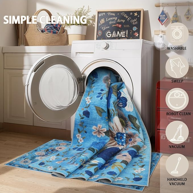 Floral Area Rugs 5x7 for Bedroom Livingroom Blue Non-Slip | Ultra-Thin Soft - Image 4